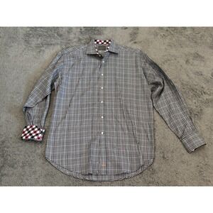 Thomas Dean Mens Large Gray Blue Crosshatch Flip Cuff Long Sleeve Button Shirt